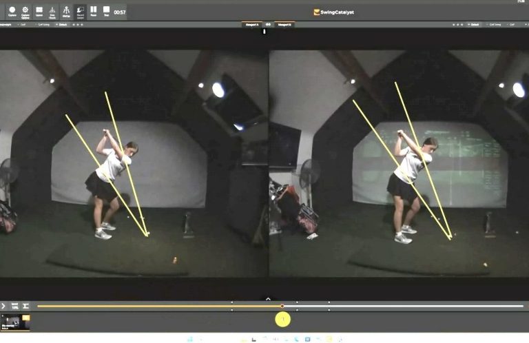 A side-by-side comparison of a golfer's swing analysis with highlighted angles. swing analysis golf lessons at Cheshire  West Golf Academy